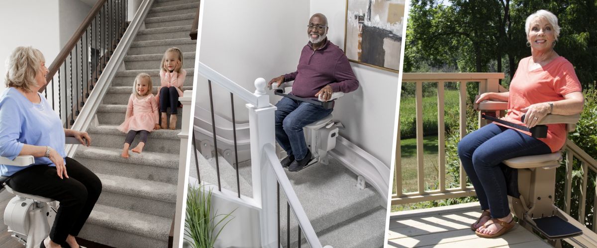 Bruno UK Dealer Locator hero image with customers riding stairlifts